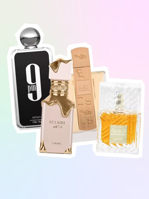 Cztery butelki perfum o różnych kształtach i kolorach na tle jasnego, kolorowego tle.
