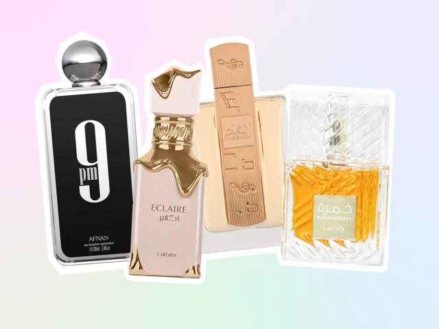 Four perfume bottles with different shapes and colors, including black, gold, beige, and clear with amber liquid.