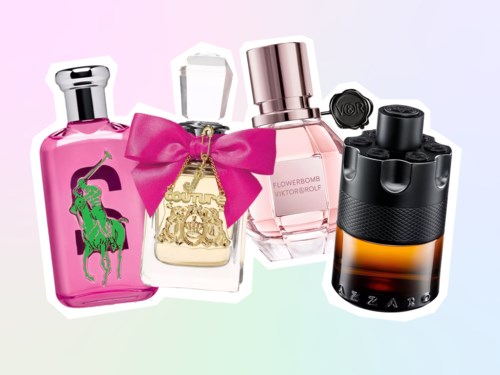 Fyra parfymflaskor med olika färger och designer, inklusive en rosa flaska med logo, en vit flaska med rosa rosett och en svart och bärnstensflaska.
