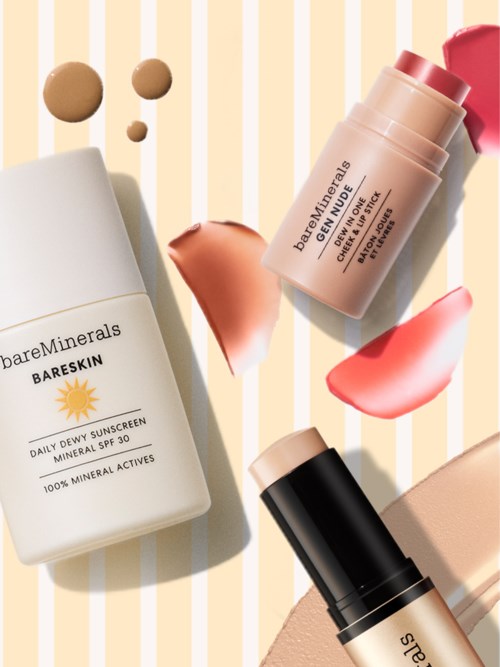 BareMinerals hudvårds- och foundationprodukter med bläck och droppar på en randig bakgrund.