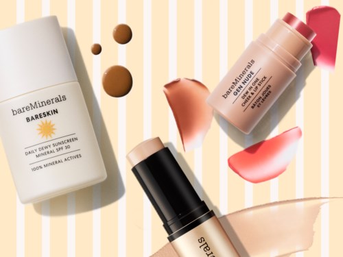 BareMinerals BARESkin solskyddsflaska, läppstift och smink- och foundationprov på randig bakgrund.