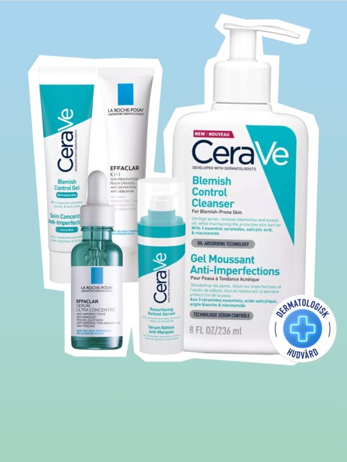 CeraVe-hoitotuotteiden kokoelma epäpuhtauksien ehkäisyyn, sisältäen puhdistusaineen, kosteusvoiteen ja hoitotuotteet.