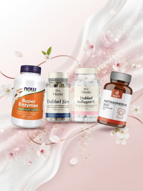 Fyra kosttillskapsflaskor, inklusive enzymer, kollagen, magnesium och ett örtpreparat, på en ljusrosa abstrakt bakgrund.