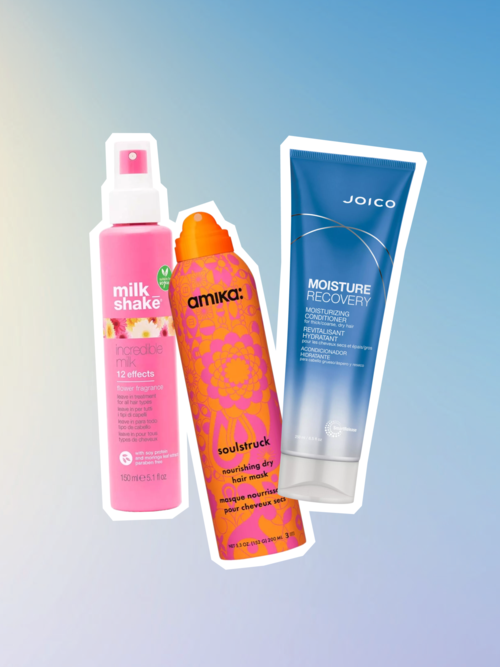 Tre hårvårdsprodukter: en rosa sprayflaska, en orange flaska med blomsterdesign och en blå tub.