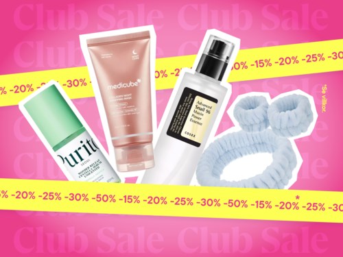 Beauty products and accessories on sale, including skincare, hairbands, and discount banners.