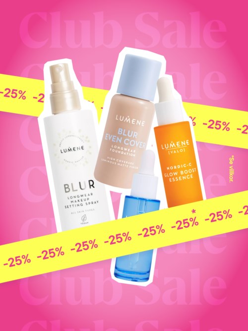 Diverse Lumene hudvårds- och makeupprodukter med rosa bakgrund och gula rabattband som visar 25% rabatt.