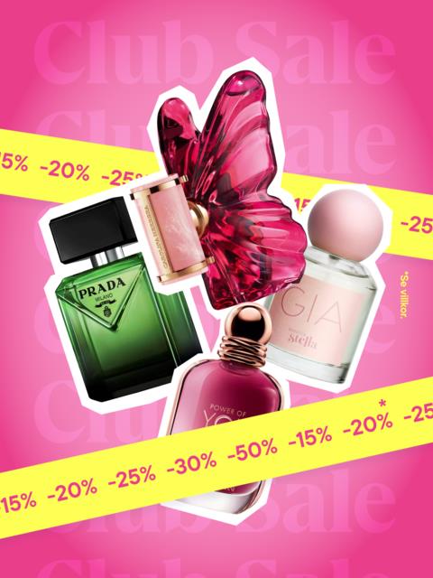 Skönhetsprodukter inklusive Prada parfum, en fjärilsformad sak, Giorgio Armani parfum och en rosa flaska med rabatter.