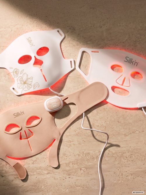 Tre ansiktsmasker med öppningar för ögon, näsa och mun, placerade på en beige yta. En mask är beige, två är vita med röda detaljer.