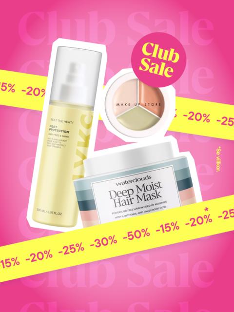 Cosmetics products and packaging on a pink background with discount banners and a pink "Club Sale" label.