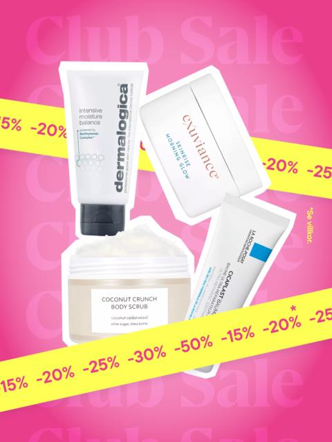 Three skincare products including a tube of moisturizer, a jar of body scrub, and a box of cream against a pink sale background.