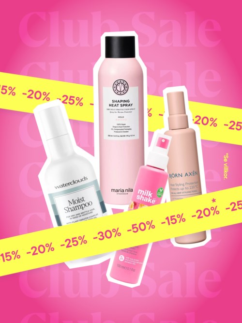 Skönhetsprodukter inklusive schampo, värmeskydd, foundation och spray, med rosa bakgrund och gula reaplansband.