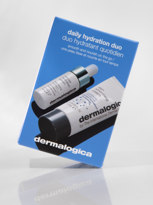 Two skincare products with black and white packaging, the box is blue with product names and descriptions.